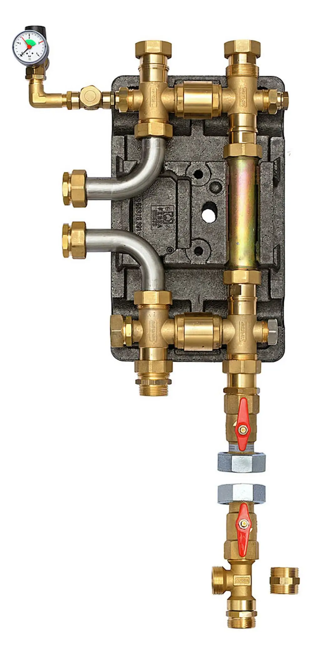 Dimplex-Doppelt Verteiler mit mehreren Anschlüssen, Druckmanometer und Absperrventilen für hydraulische Verteilung in Heizsystemen. Aus Messing und Stahl.