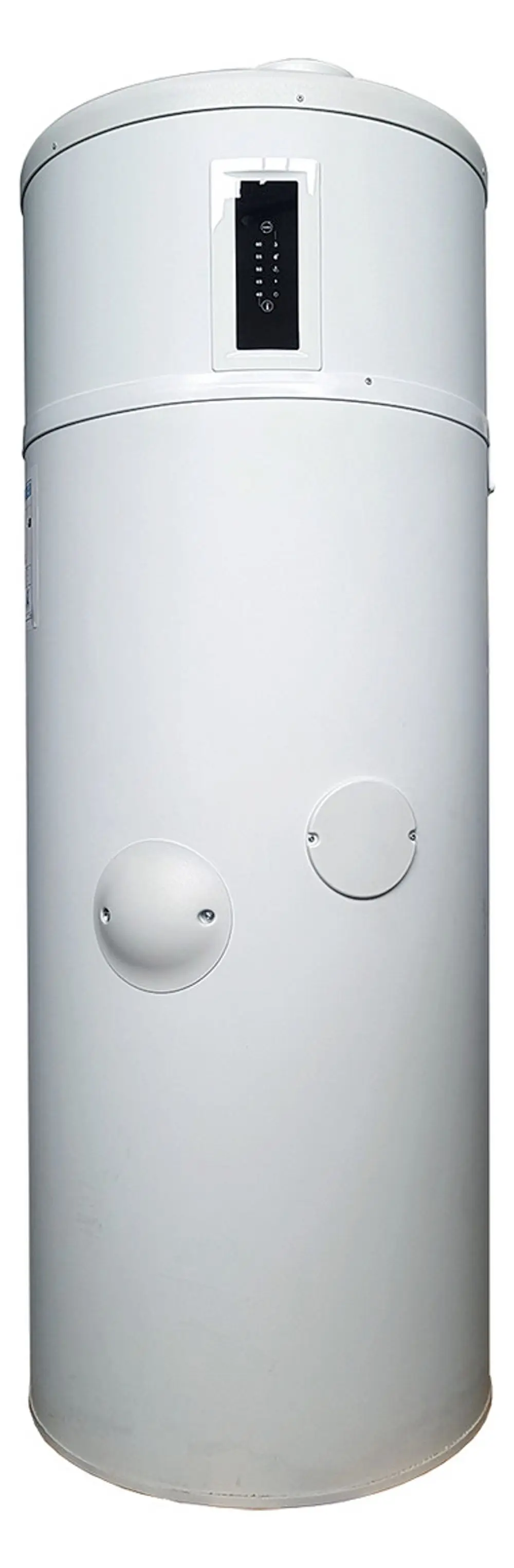 Dimplex Warmwasser-Wärmepumpe in vertikaler, zylindrischer Form, mit digitaler Steuerung, montierbarem Gehäuse und zwei runden Anschlussdeckeln.