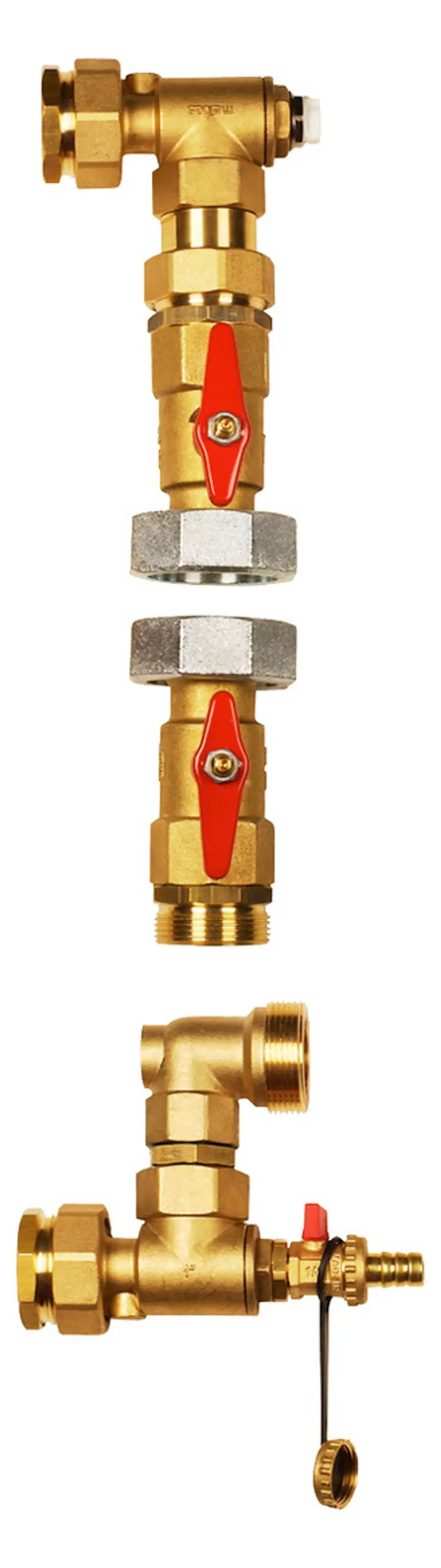 Dimplex Pumpenbaugruppe mit mehreren Anschlussmöglichkeiten und Ventilen für die Verbindung zu einem Warmwasserspeicher. Gezeigte Teile bestehen aus Messing.