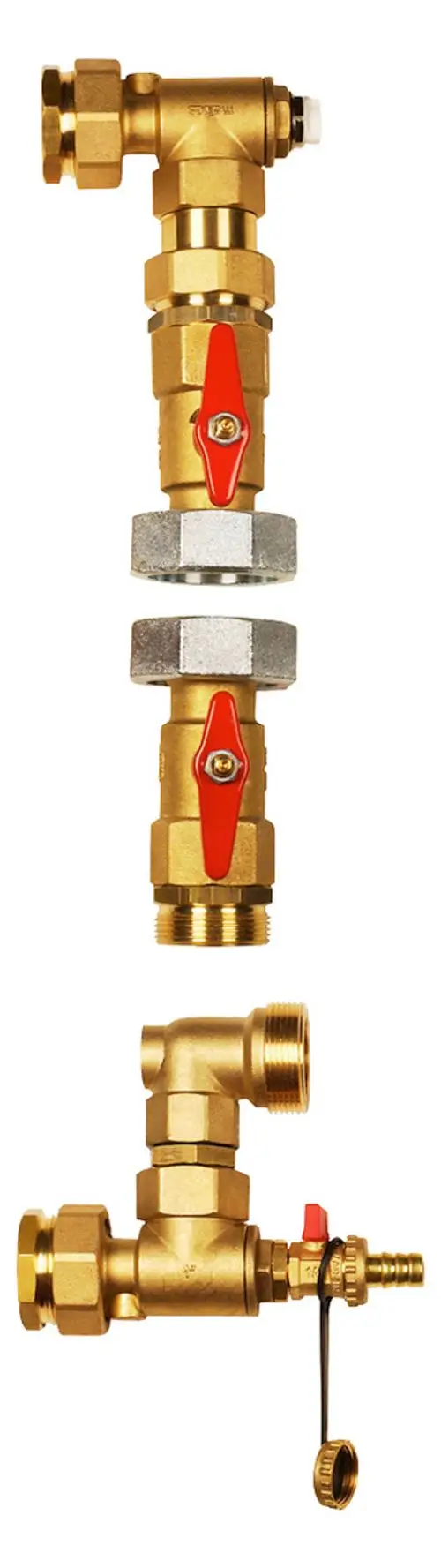 Dimplex Pumpenbaugruppe mit mehreren Anschlussmöglichkeiten und Ventilen für die Verbindung zu einem Warmwasserspeicher. Gezeigte Teile bestehen aus Messing.