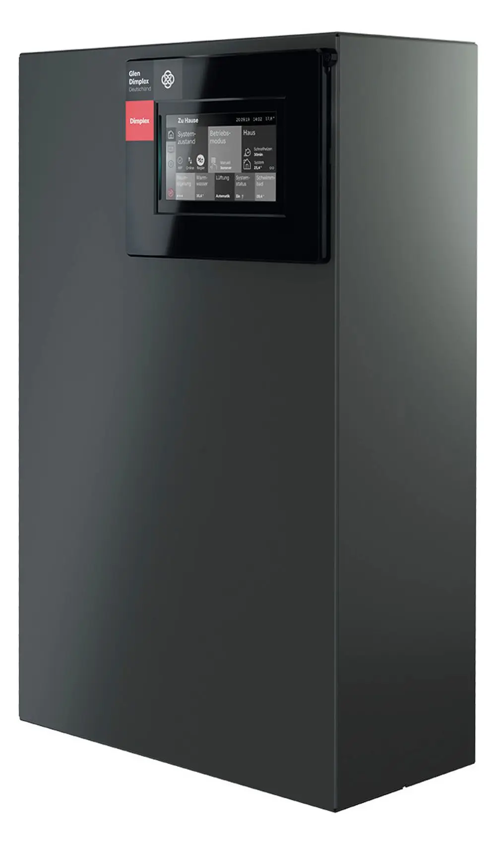 Wandmontierter Regler mit Touch-Display von Dimplex, dargestellt in schwarz, mit Anzeige für Systemzustand und Betriebsmodus.