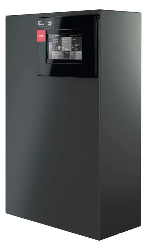 Wandmontierter Regler mit Touch-Display von Dimplex, dargestellt in schwarz, mit Anzeige für Systemzustand und Betriebsmodus.