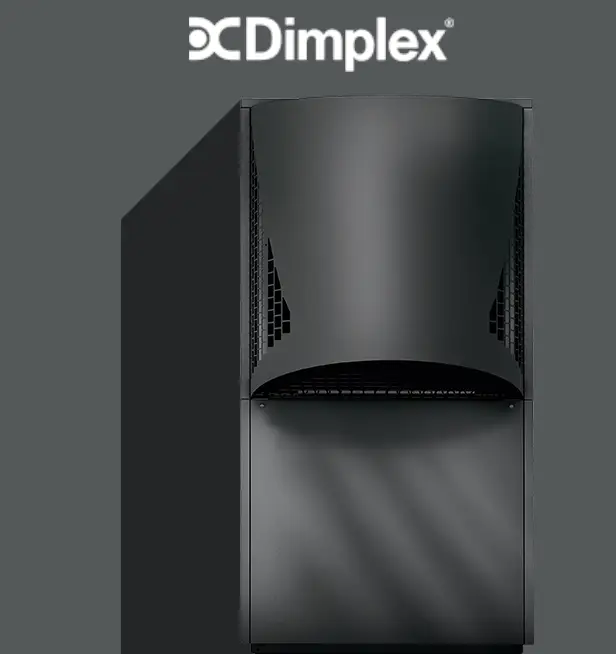 Schwarze Dimplex-Wärmepumpe mit einer geschwungenen Frontgestaltung und Belüftungsschlitzen, präsentiert auf grauem Hintergrund.