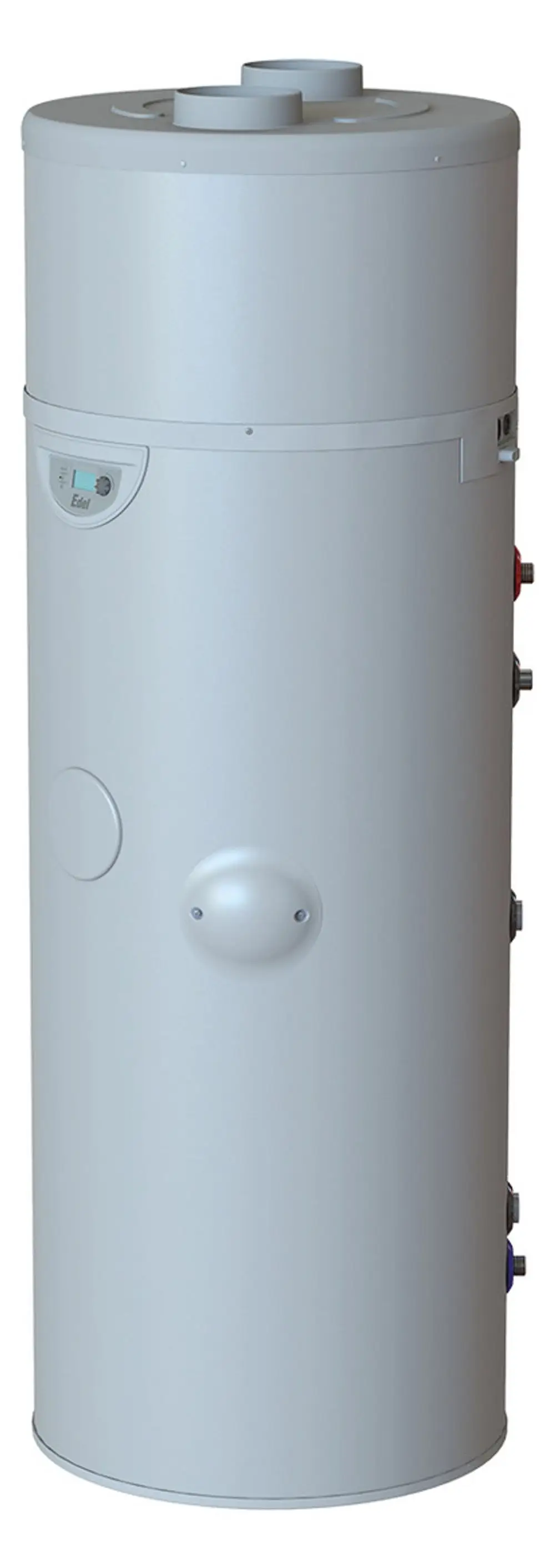 Vertikaler, zylindrischer Warmwasser-Wärmepumpe in Weiß, ausgestattet mit Anschlüssen und Bedienelementen. Produkt von Dimplex für die Warmwasserbereitung.