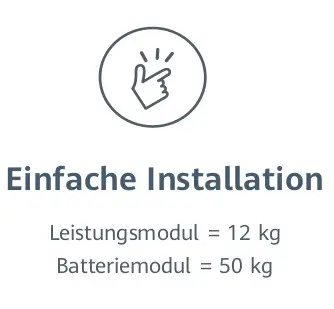 Informationsgrafik zur einfachen Installation eines Moduls mit einer Gewichtsanzeige: Leistungsmodul = 12 kg, Batteriemodul = 50 kg, präsentiert von HUAWEI.