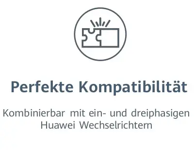 Weiße Darstellung eines grafischen Symbols mit einem Puzzlestück, darunter der Text „Perfekte Kompatibilität“ und „Kombinierbar mit ein- und dreiphasigen Huawei Wechselrichtern“.