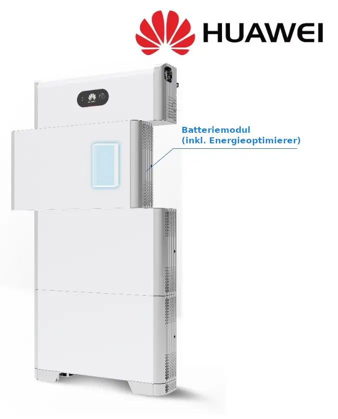 HUAWEI Batterieeinheit in weißer Ausführung, bestehend aus mehreren Modulen, mit einer Anzeige und Anschlussmöglichkeiten an der Oberseite.