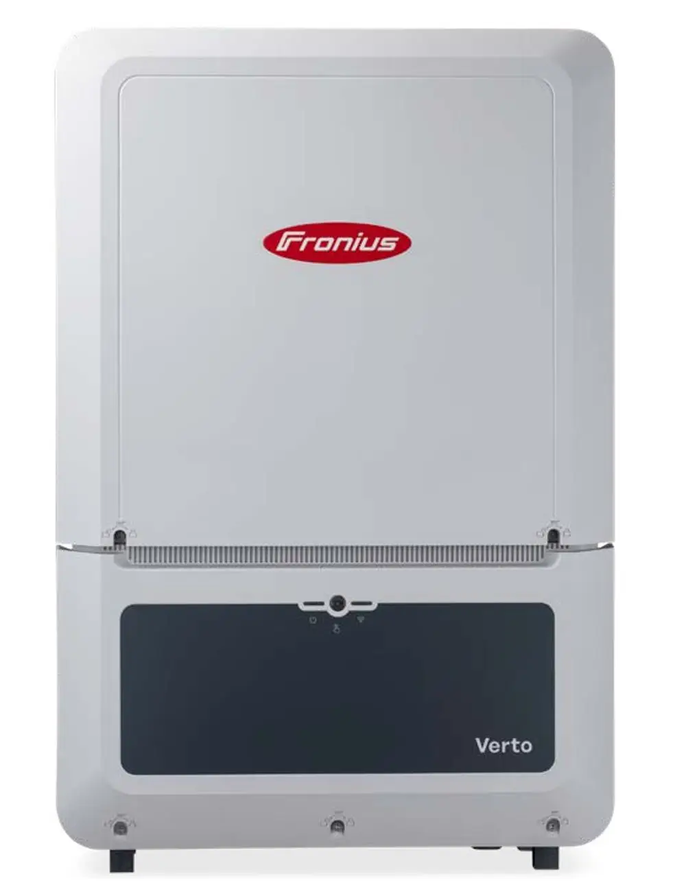 Wechselrichter in einer modernen, weißen Bauweise mit dem Logo der Marke Fronius oben. Das Gerät wirkt kompakt und ist für die Wandmontage konzipiert.