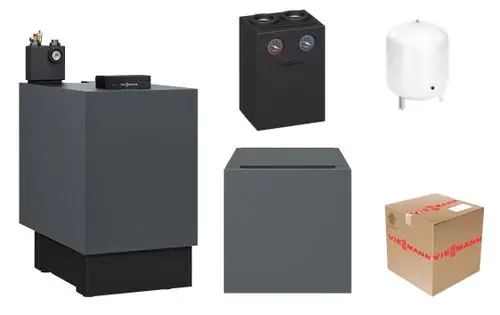 Viessmann Heizöltank in grauem Design, ausgestattet mit einem Druckmessgerät, Wärmeverteilereinheit und einem Speichertank, dazu eine Verpackung.