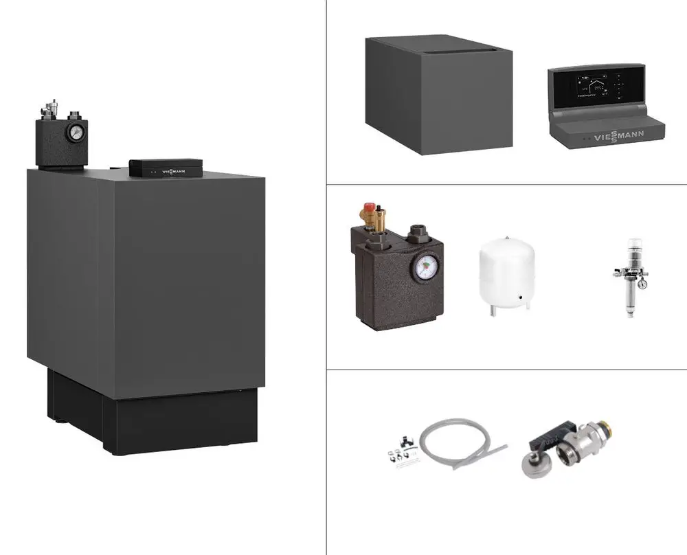 Viessmann Heizölkessel in grauem Gehäuse, kombiniert mit Steuerungseinheit und verschiedenen Komponenten für den Heizbetrieb. Zubehörteile sind deutlich im Bild angeordnet.