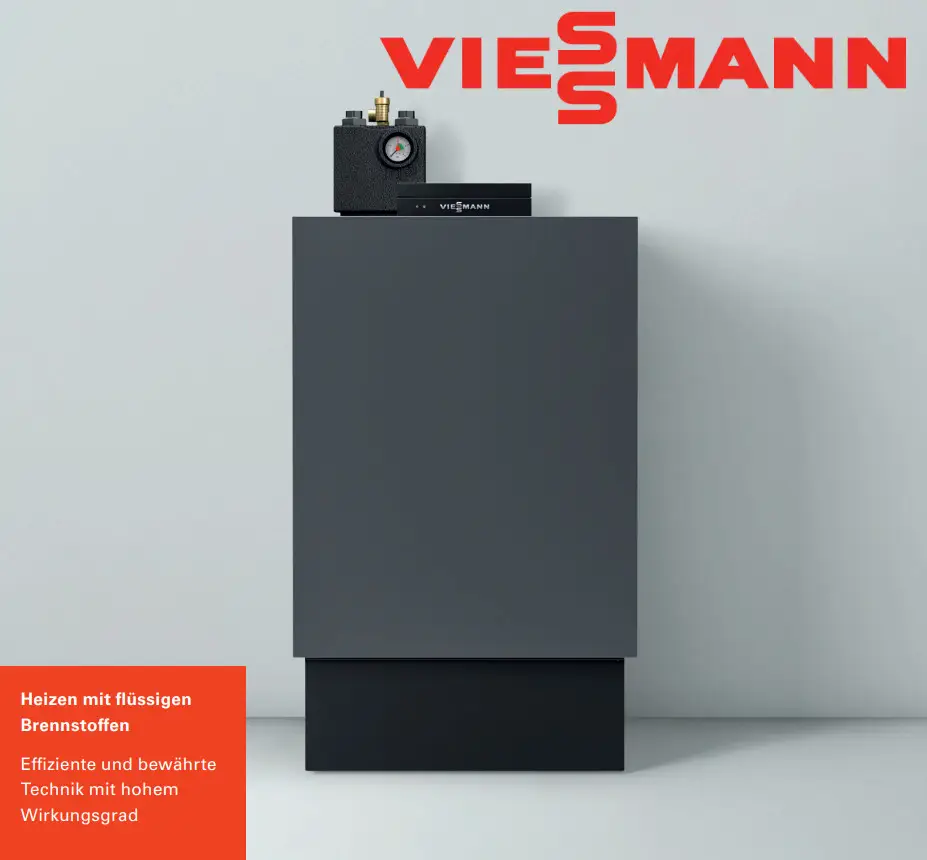 Viessmann Heizgerät in Grau, mit Druckmanometer und Steuerungseinheit, montiert an einer hellen Wand. Energieeffiziente Technik für flüssige Brennstoffe.