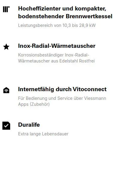 Weißer Viessmann Brennwertkessel mit Inox-Radial-Wärmetauscher, internetfähiger Steuerung durch Vitoconnect und zusätzlicher Duralife-Funktion für lange Lebensdauer.