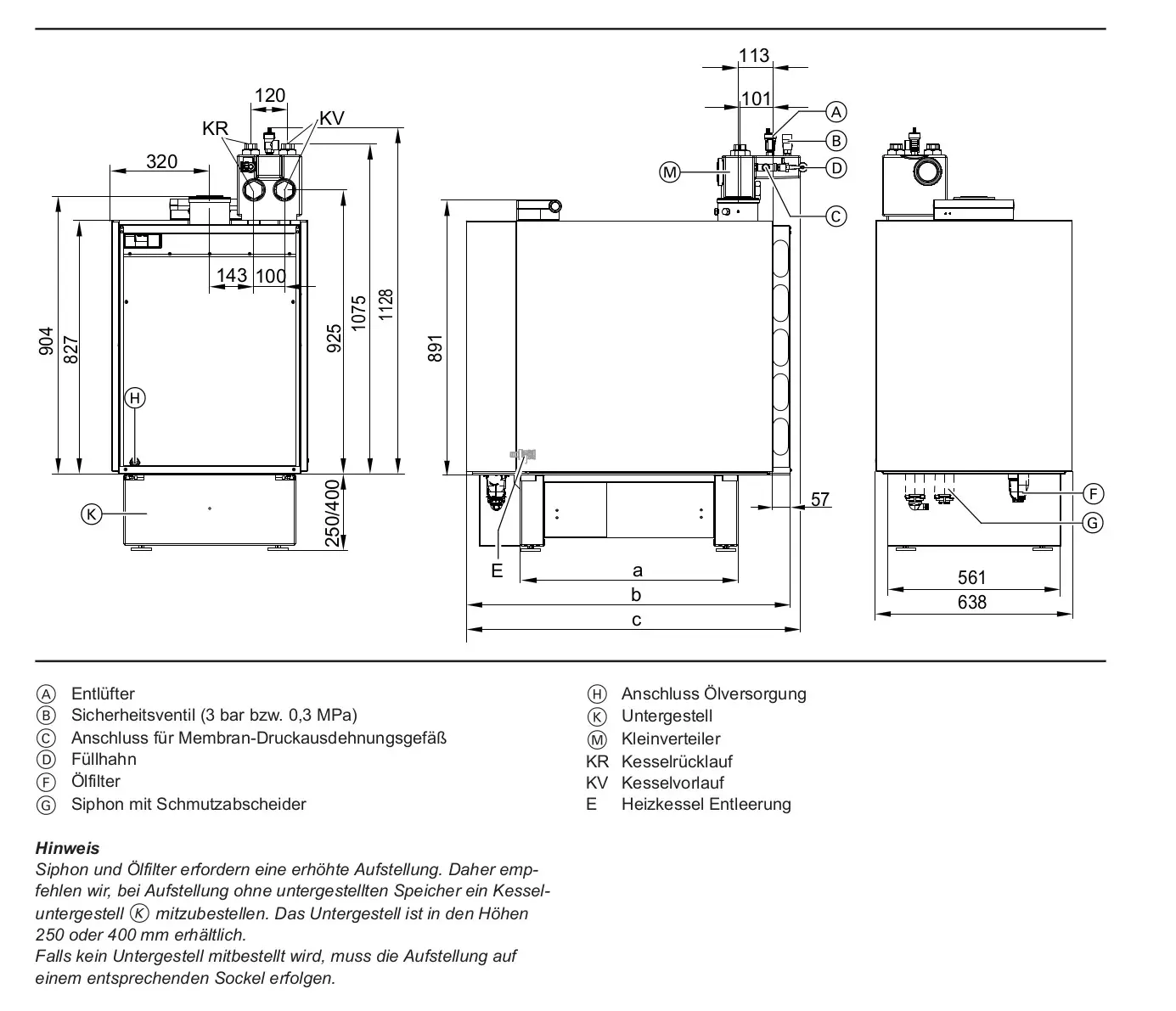 Viessmann Heizungsanlage mit angeschlossenen Komponenten, wie Entlüfter, Sicherheitsventil und Füllhahn, in einem technischen Diagramm mit Maße und Anschlussdetails.