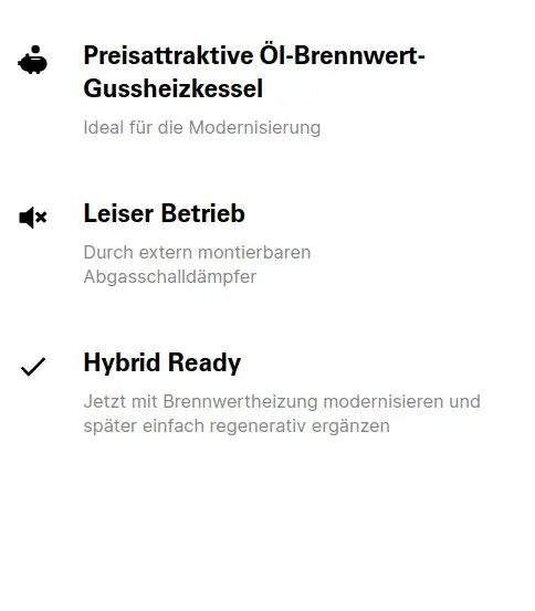 Viessmann Ölheizkessel mit Hybrid Ready-Funktion, geeignet für Modernisierungen. Betriebsanleitung erwähnt leisen Betrieb durch extern montierbaren Abgasschalldämpfer.