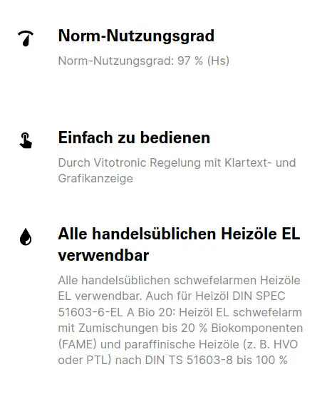Grau-weißer Heizkessel von Viessmann mit normgerechtem Nutzungsgrad von 97 %, einfacher Bedienung durch Vitotronic Regelung und Verwendung handelsüblicher Heizöle.