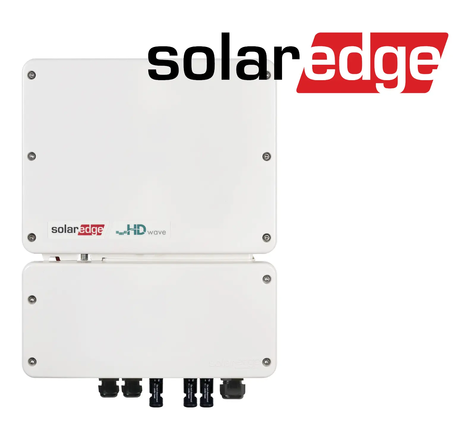 Weißes Gerät von SolarEdge mit mehreren Anschlusssteckern und einem flachen, kompakten Design. Geeignet für die Installation in Wohngebieten.