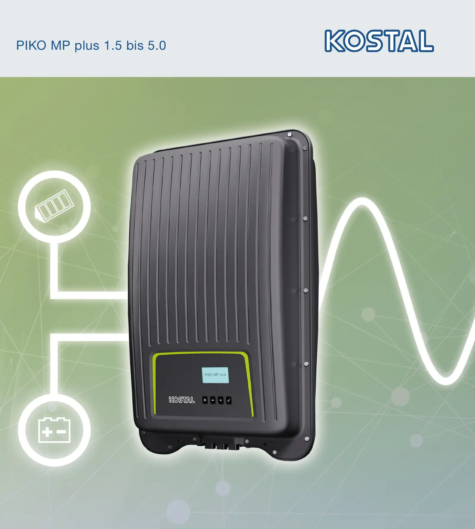 Wechselrichter von Kostal, präsentiert auf grünem Hintergrund, mit einer digitalen Anzeige und Symbolen für Batterien und Strom, die eine Verbindung zu Energiefunktionen anzeigen.