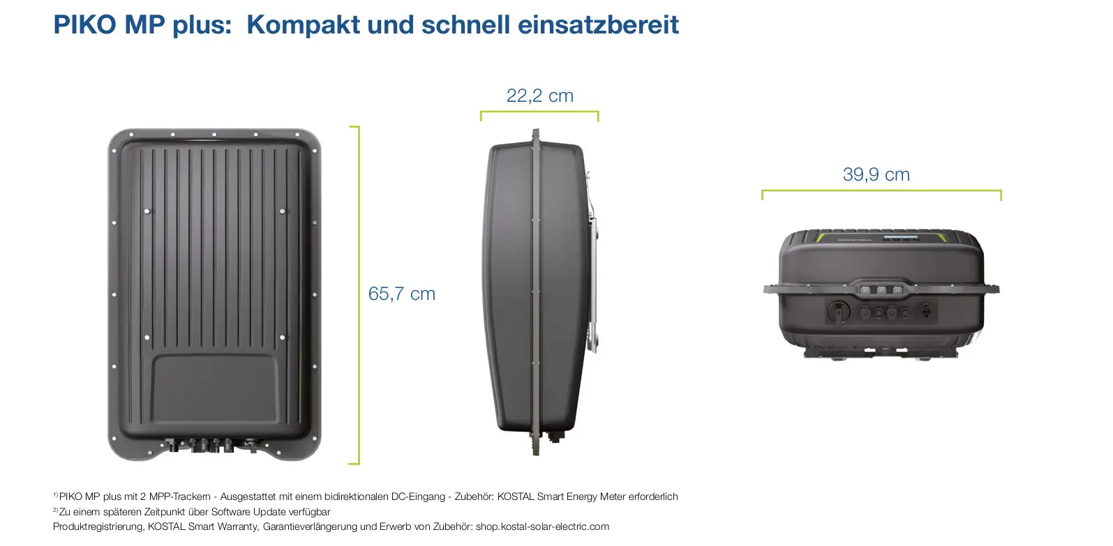 Kompakter Wechselrichter mit Kostal-Bedienelementen. Die Seitenansichten zeigen verschiedene Anschlüsse und eine strukturierte Oberfläche für die Wandmontage.