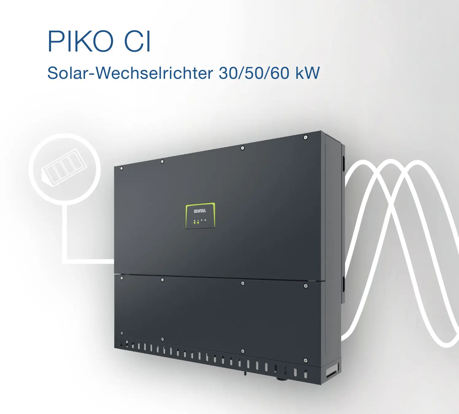 Kostal PIKO CI Solarinverter, montiert an einer Wand, mit einem klaren Display und Anschlussdetails, dargestellt neben einem Symbol für Solarmodule.