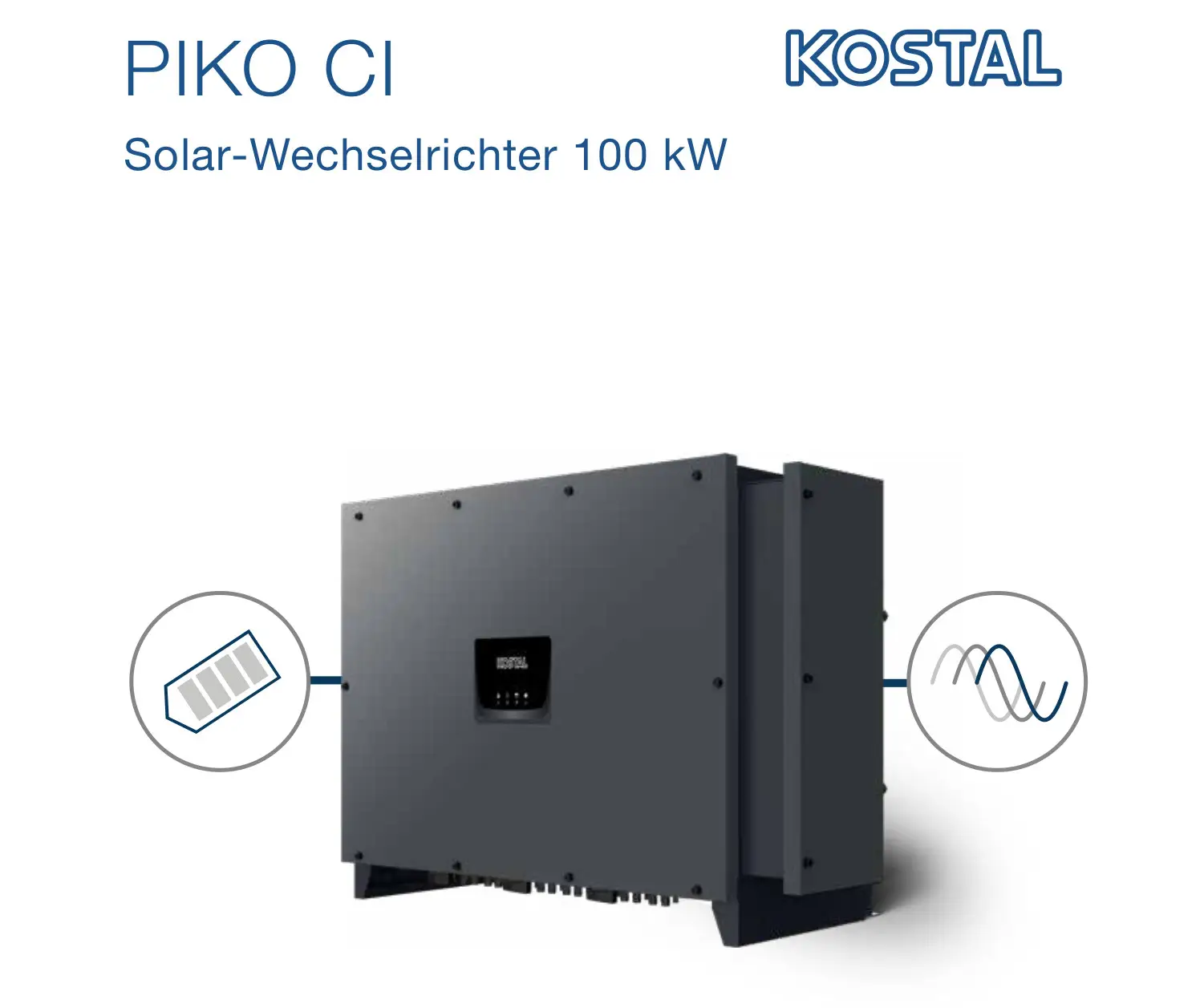 Wechselrichter von Kostal, montiert, mit grauem Gehäuse und Anzeige. Verbindet Solarmodule und Stromnetz zur Umwandlung von Gleichstrom in Wechselstrom.