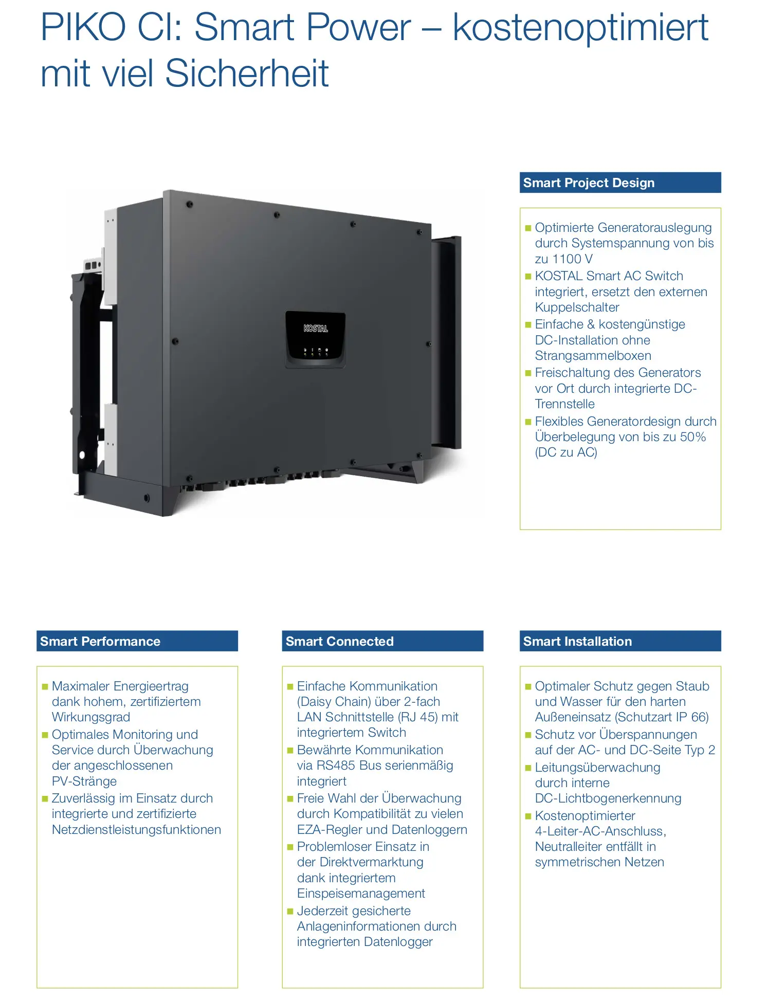 Dreiphasiger Wechselrichter von Kostal mit integriertem AC-Switch und DC-Trennschalter, ausgelegt für die kosteneffiziente Energieerzeugung aus PV-Anlagen.