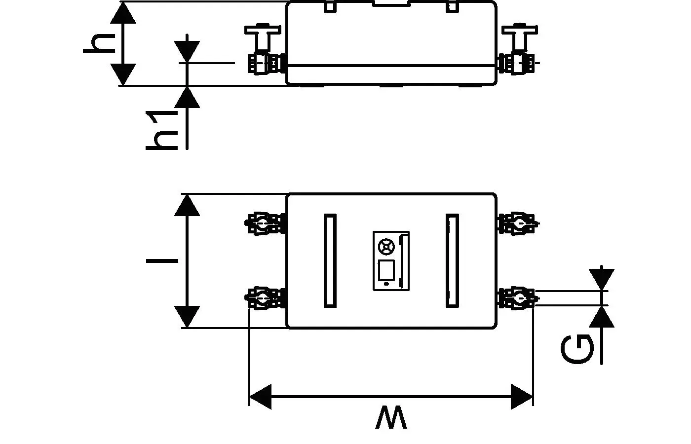 Uponor Pumpe mit Anschlussmöglichkeiten, abgebildet in Draufsicht und Seitenansicht, mit Maßangaben von h, h1, G, M und L, in klarer technischer Darstellung.