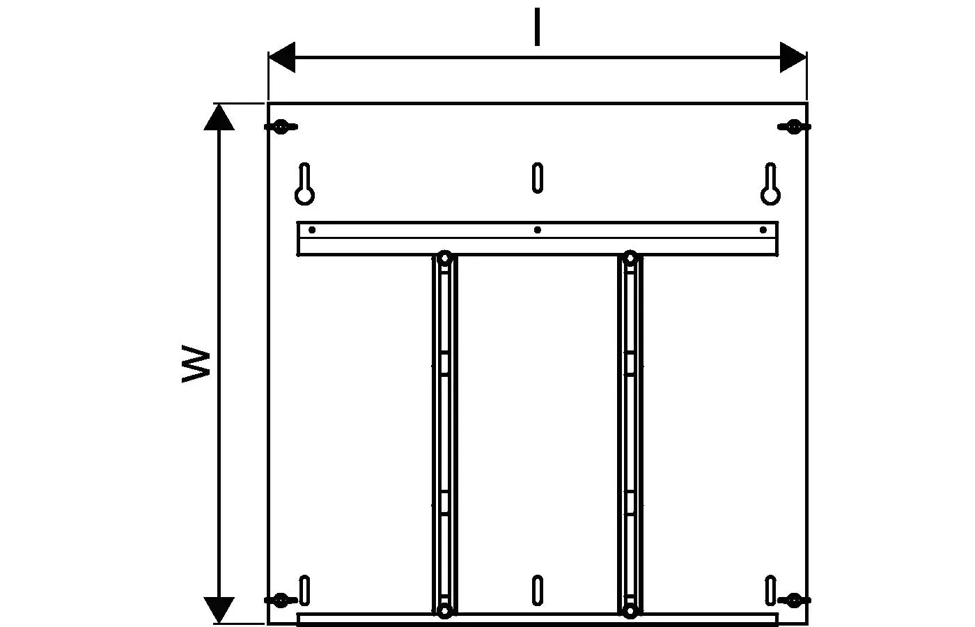 Schrankrückwand mit horizontaler Befestigungsschiene und vertikalen Elementen, dargestellt in einer technischen Zeichnung von Uponor.