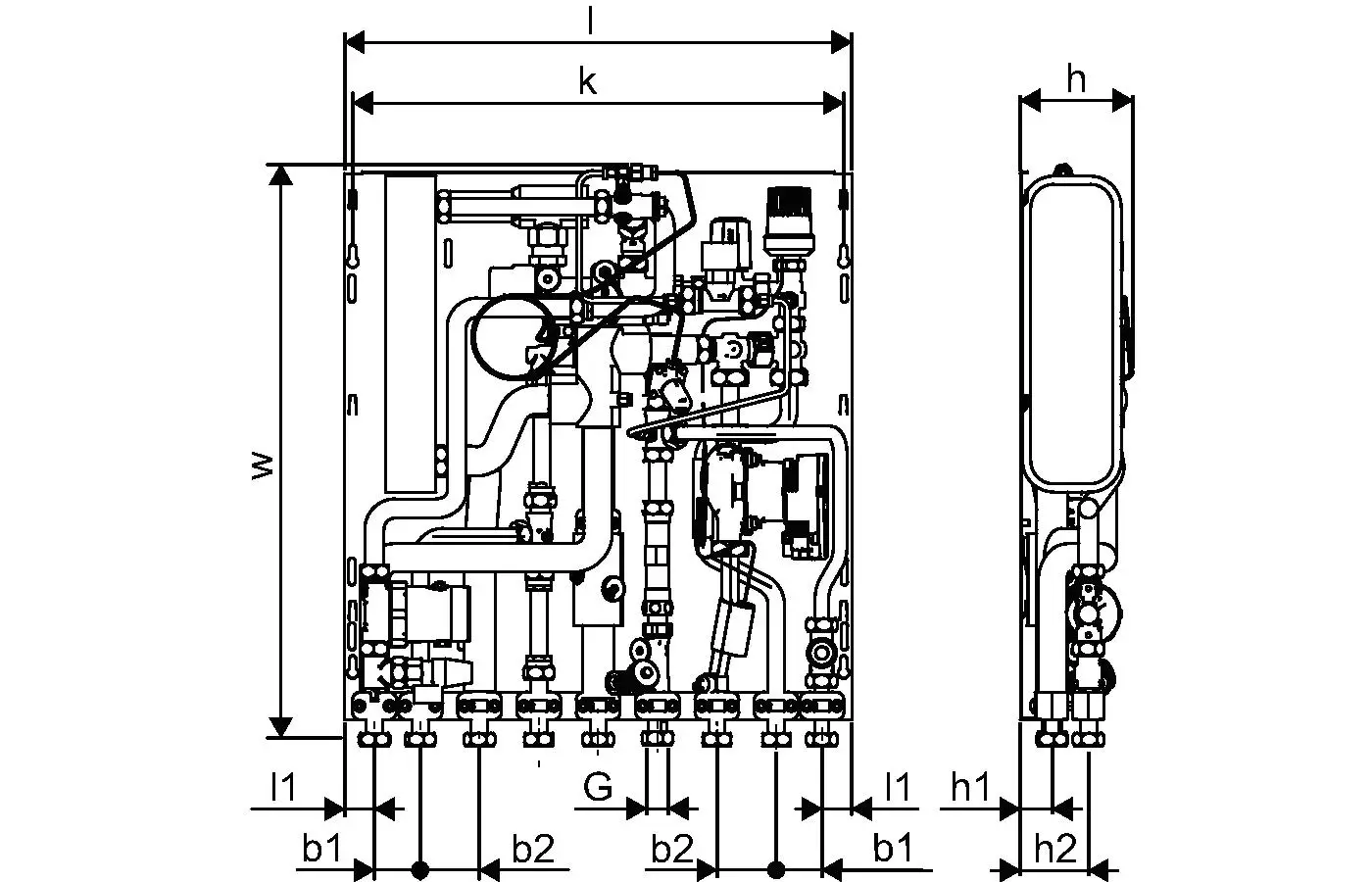 Schematische Darstellung einer Wohnungsstation von Uponor mit verschiedenen Rohrleitungen und Anschlussmöglichkeiten, inklusive Maße und technische Details.