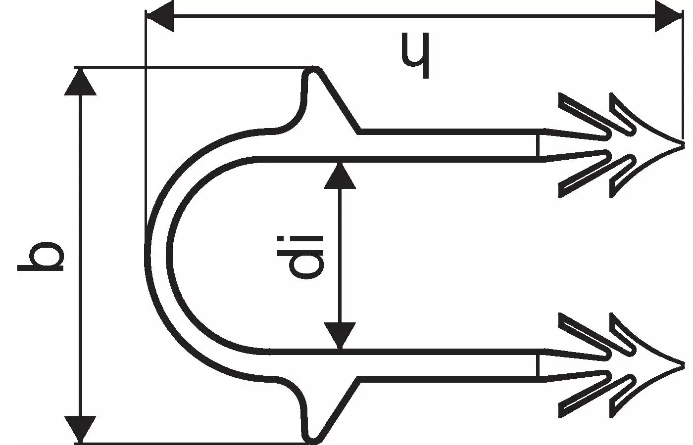Schematische Darstellung einer Tacker-Nadel mit zwei Pfeilspitzen, umgeben von Maßen, typischerweise für Produkte von Uponor verwendet.
