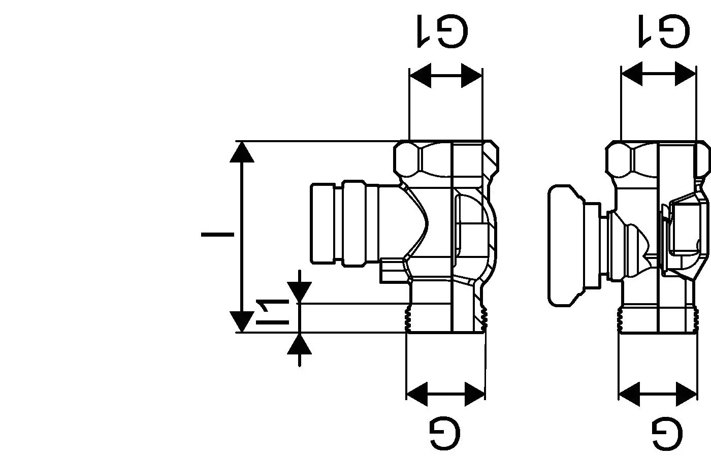 Vario Regulierventil von Uponor mit seitlicher Anschlussmöglichkeit, Darstellung in technischer Zeichnung mit Maßangaben und verschiedenen Perspektiven.