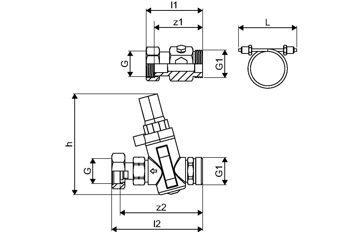 Vario Differenzdruckregler von Uponor, schematische Darstellung mit verschiedenen Ansichten und Maßangaben. Komponenten für die Regelung des Drucks in Rohrsystemen.