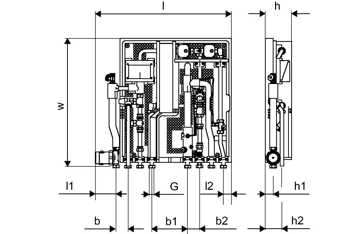 Technische Zeichnung einer Uponor Station mit Detailansichten, einschließlich Anschlüssen und Maßen, zur Veranschaulichung des Aufbaus und der Funktionen.