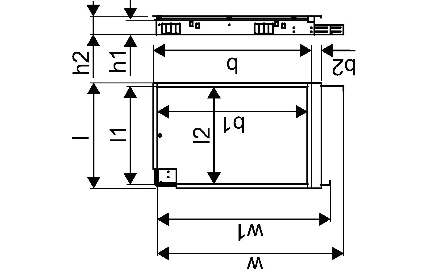 Diagramm eines Schranks mit technischen Maßen, der für die Installation von Uponor-Systemen konzipiert ist. Enthält Angaben zu Höhen, Breiten und Längen der Komponenten.