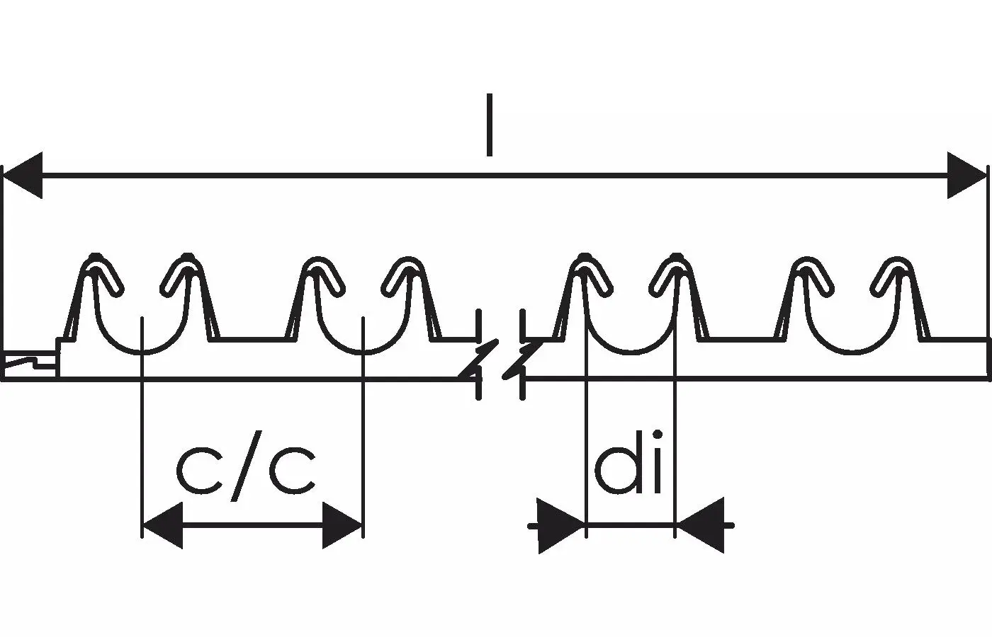 Uponor Klemmschiene mit gewellter Struktur und Klebestreifen. Abgebildet in Seitenansicht, zeigt sie Befestigungselemente und Abmessungen c/c und di.