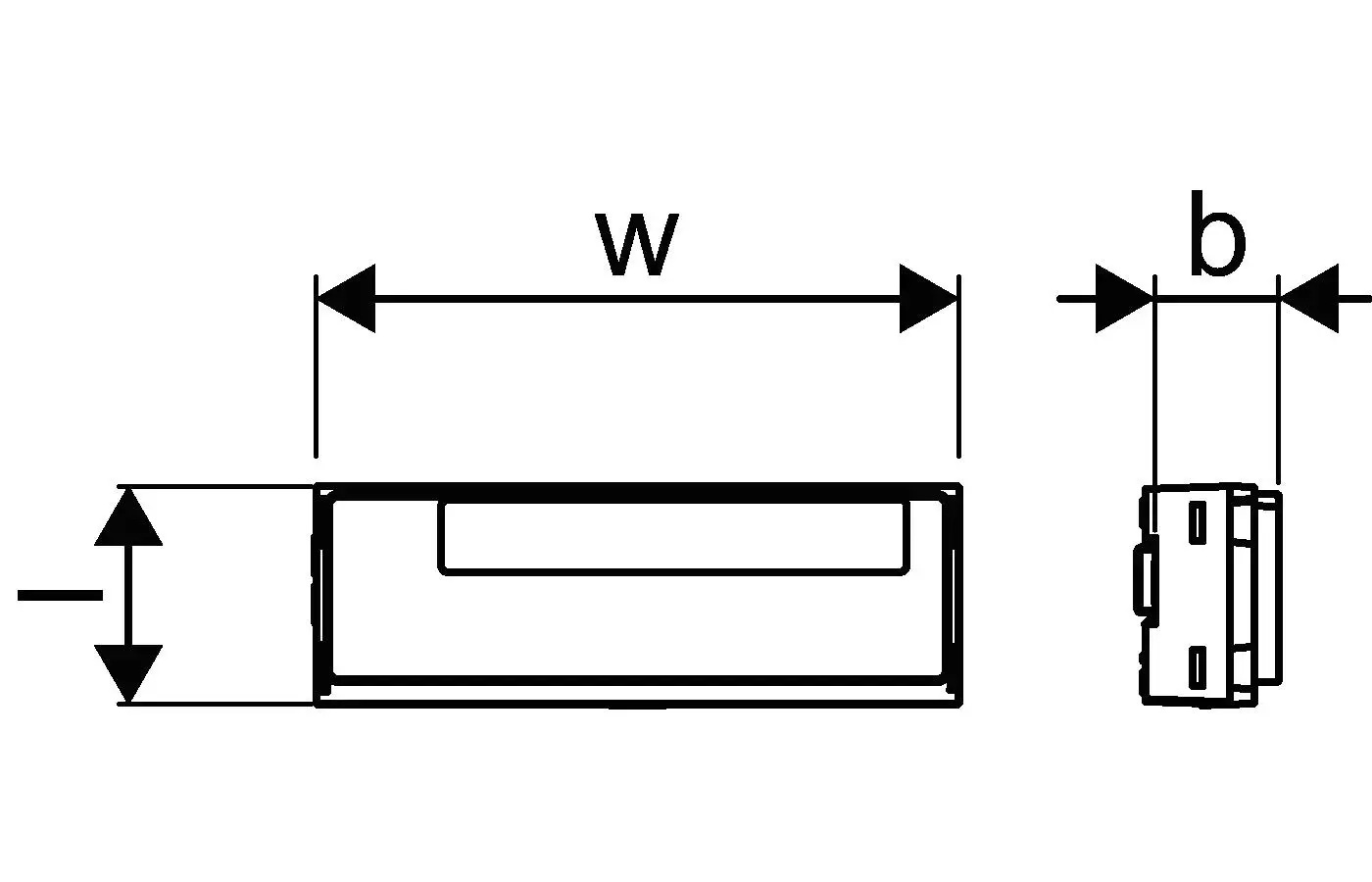 Schmaler Regler von Uponor zur Steuerung von Heiz- und Kühlanlagen, dargestellt in Draufsicht mit Maßlinien für Breite (w) und Dicke (b).