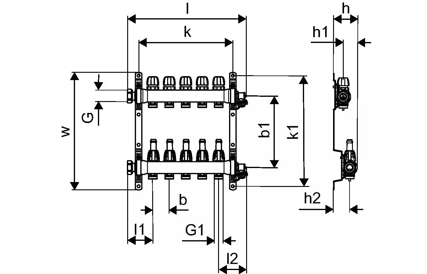 Verschiedene Verbindungselemente eines Verteilers von Uponor, dargestellt in technischen Zeichnungen mit Maßangaben und spezifischen Abmessungen.