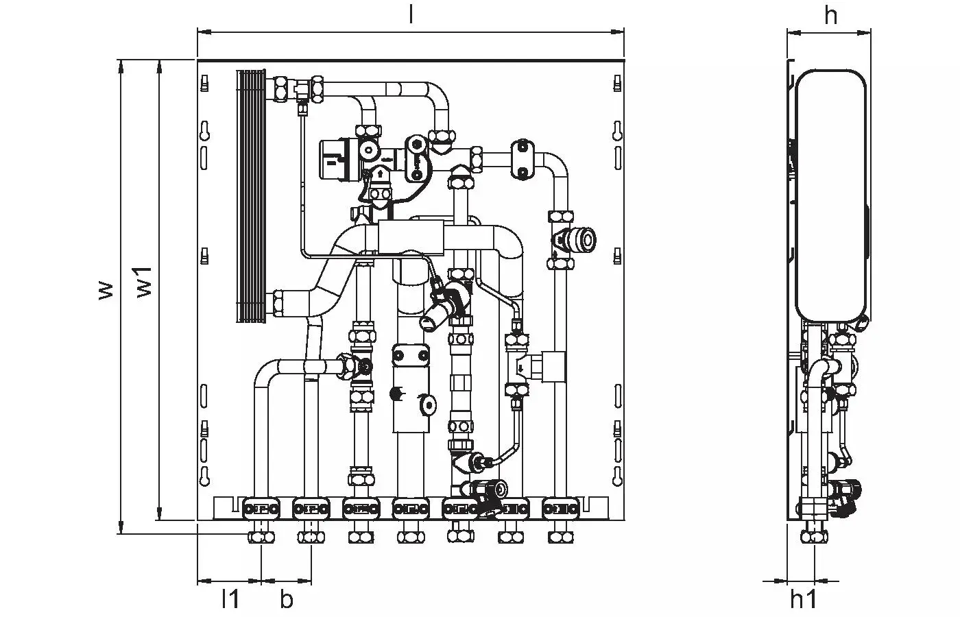Technische Zeichnung eines hydraulischen Verteilers von Uponor mit Rohren, Ventilen und Anschlussmöglichkeiten. Seitenansicht und Frontansicht dargestellt.