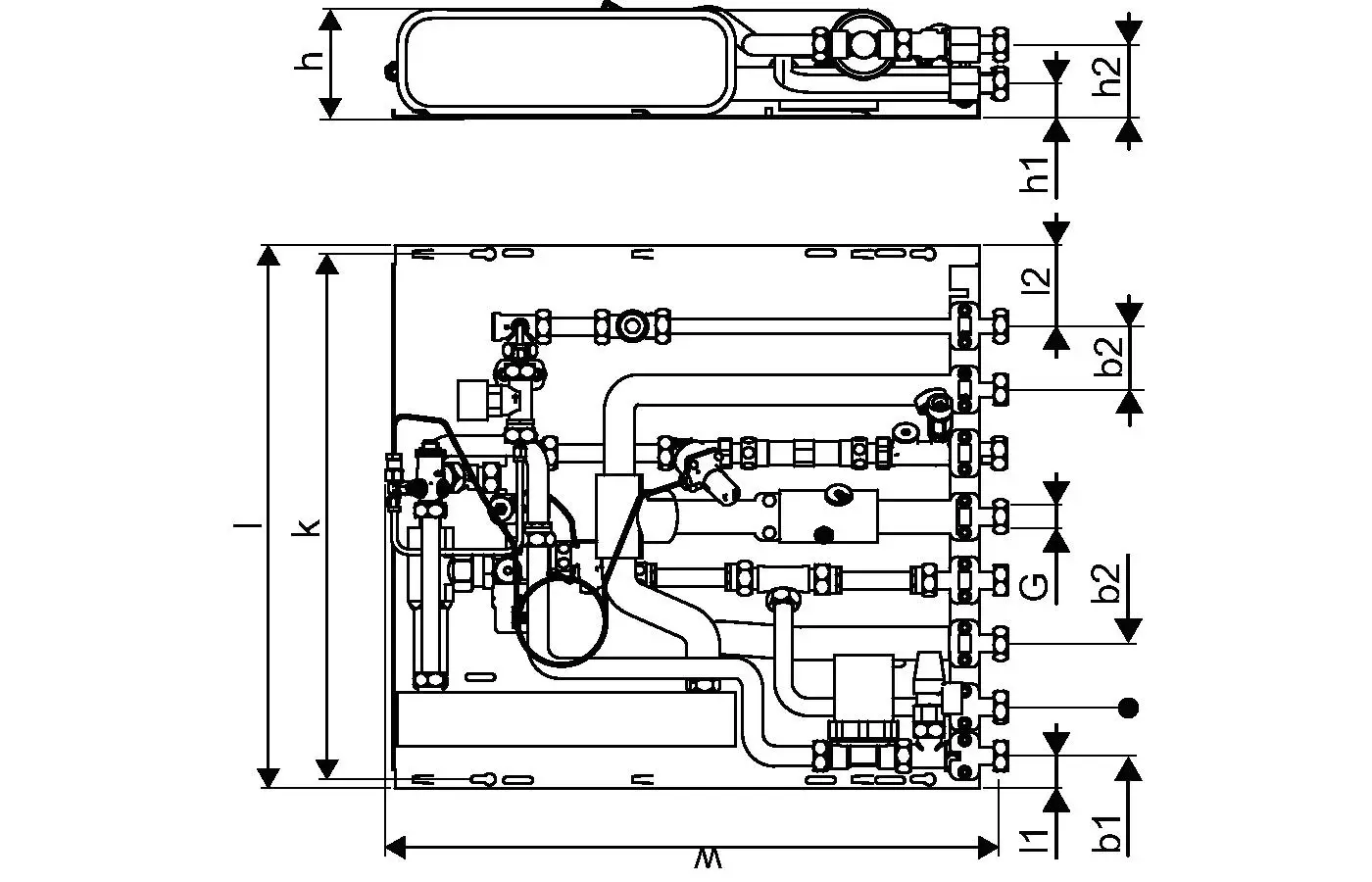 Schematische Darstellung einer Uponor Wohnungsstation mit Rohrleitungen, Armaturen und verschiedenen Anschlüssen für die Heizungsinstallation. Maße und Details sind nicht spezifiziert.