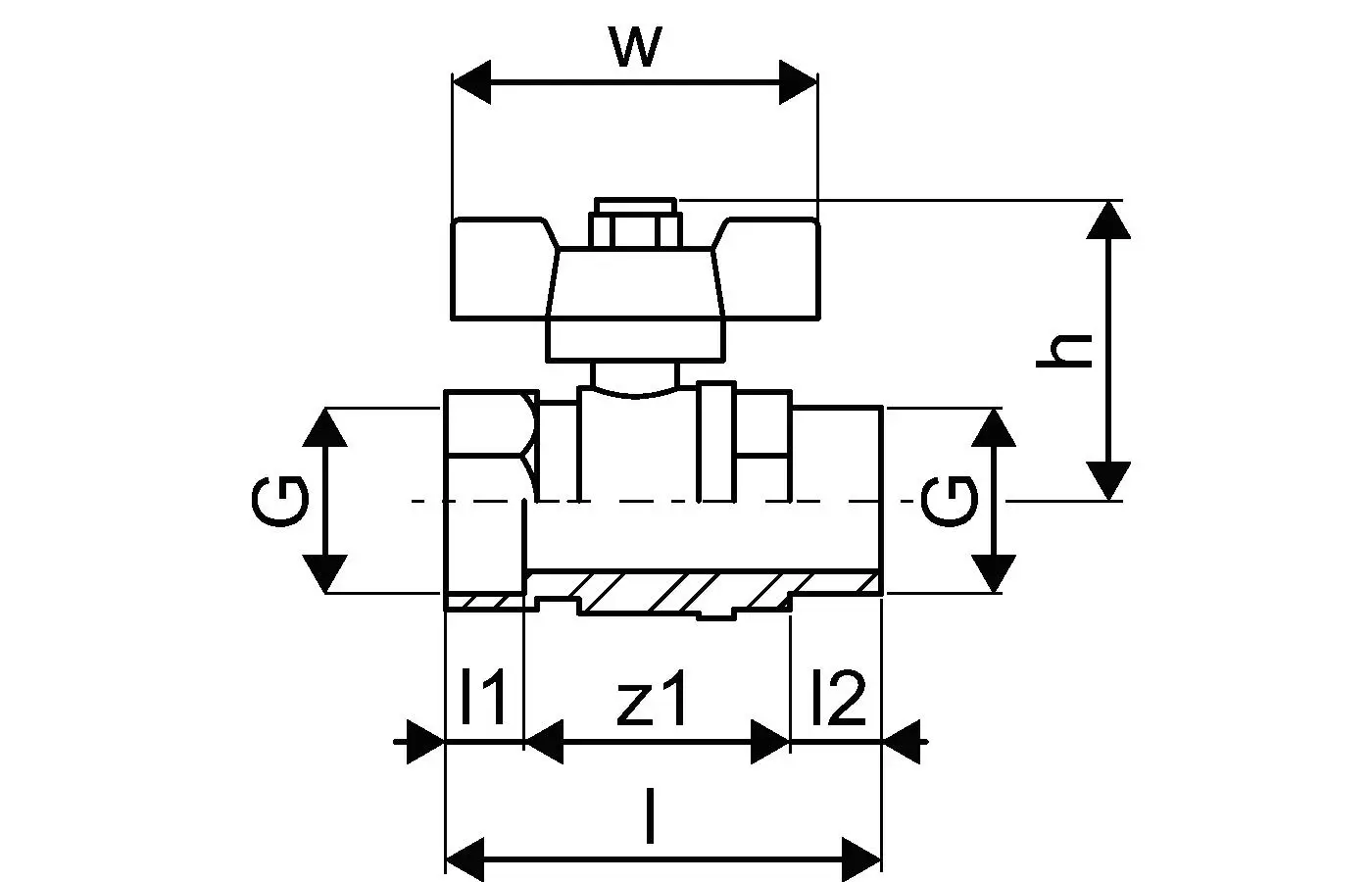Schematische Darstellung eines Kugelhahns von Uponor mit Maßangaben. Der Hahn zeigt sichtbare Teile wie Handgriff und Ventilgehäuse in frontalem und seitlichem Schnitt.