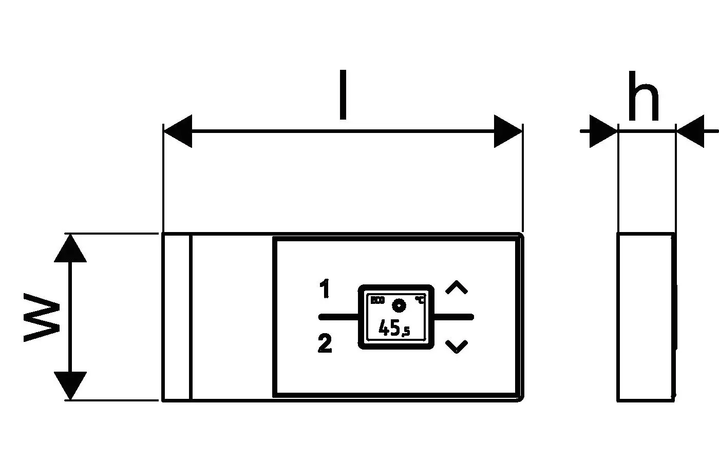 Fernbedienung mit Bedienfeld von Uponor, dargestellt in der Draufsicht und seitlichen Ansicht. Maße sind grafisch abgebildet.