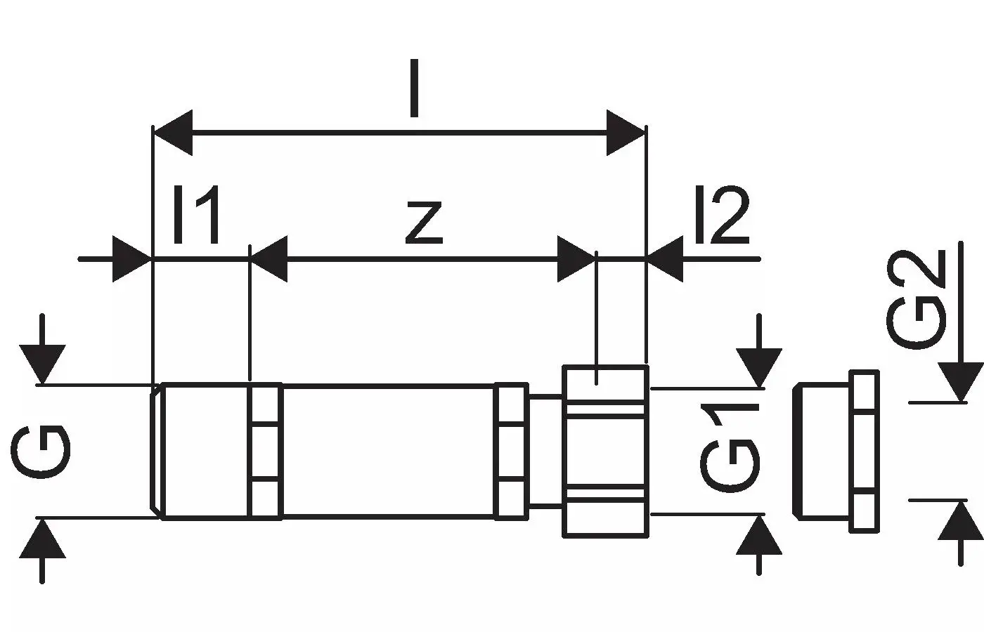 Technische Zeichnung eines Anschlussstücks, einschließlich Maße für G, G1, G2, I, I1, I2 und z, mit Details, die auf die Verwendung in Verbindung mit Uponor-Produkten hinweisen.