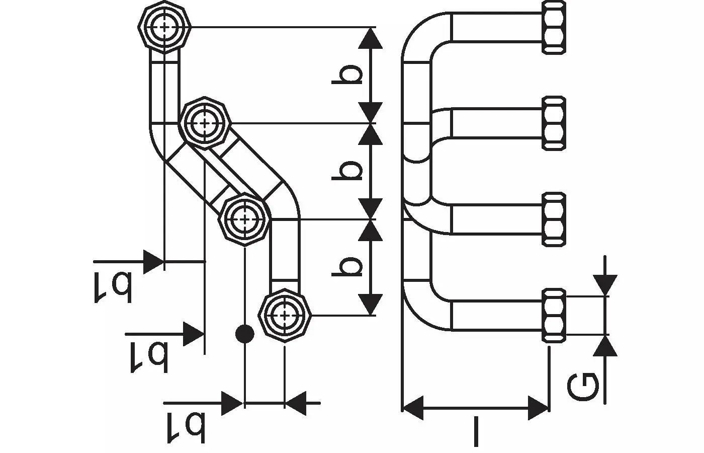Technische Zeichnung eines Verbindungselements mit mehreren Anschlüssen, dargestellt in schwarz-weißer Grafik, passend für Systeme von Uponor.