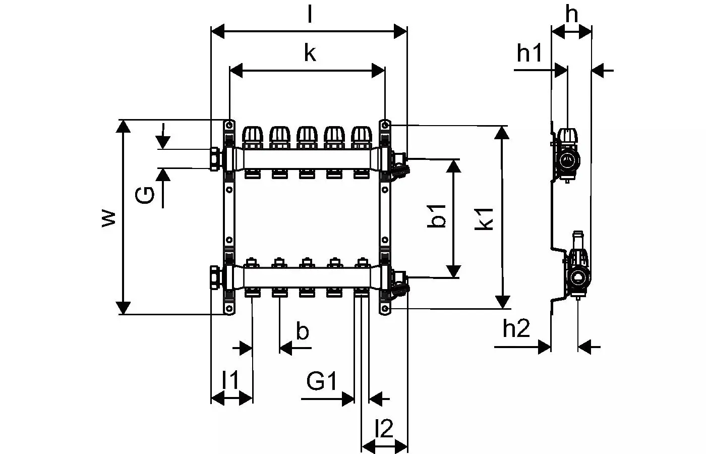 Verteiler von Uponor mit mehreren Anschlüssen und maßlichen Angaben. Darstellung der seitlichen und frontalen Ansicht, einschließlich technischer Details.
