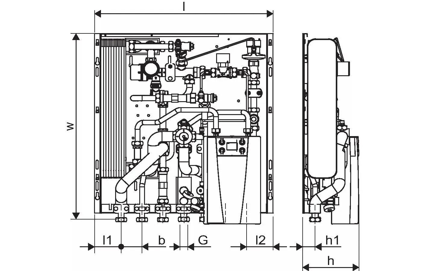 Technische Grafik einer Uponor Combi-Station, die Rohrleitungen und Elemente zur Wärme- und Kälteverteilung zeigt. Seitenansicht mit Anordnung der Komponenten.