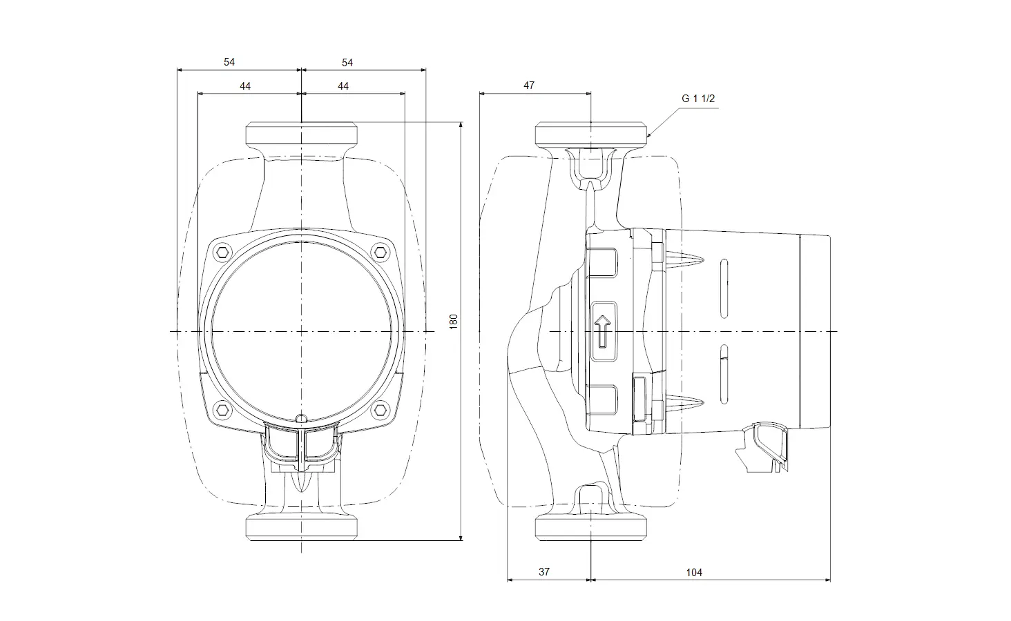 Technische Zeichnung einer Umwälzpumpe von Grundfos, Ansicht von oben und von der Seite, mit Maßangaben und Anschlussdetails.