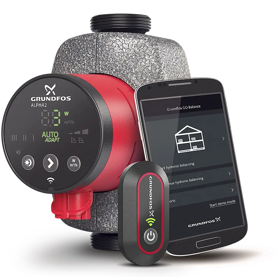 Grundfos Umwälzpumpe mit digitalem Display, Steuerungsteilen und Smartphone-App. Kompakte Bauweise für Heizungs- und Klimaanlagen.