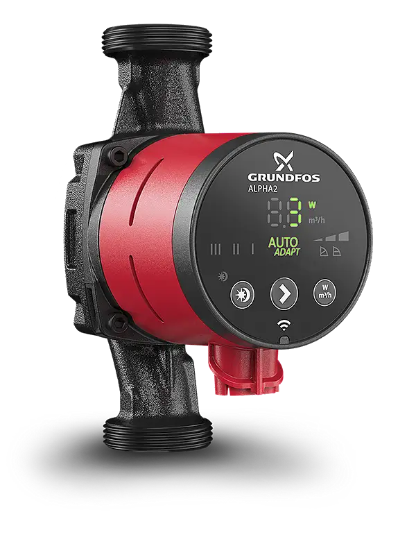 Grundfos Umwälzpumpe in schwarzem und rotem Design mit digitalem Display und Steuerknöpfen. Montiert mit Anschlüssen für Heizungs- oder Klimaanlagen.