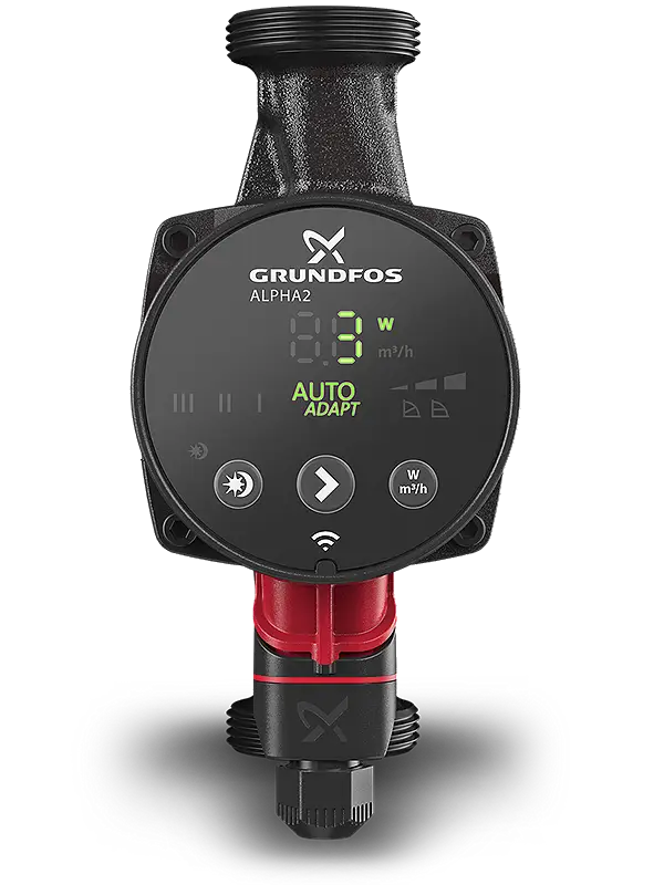 Umwälzpumpe von Grundfos mit digitalem Display, Energieverbrauchsanzeige und Bedienelementen, rot-schwarzem Gehäuse und Anschluss für Heizungs- und Klimaanlagen.