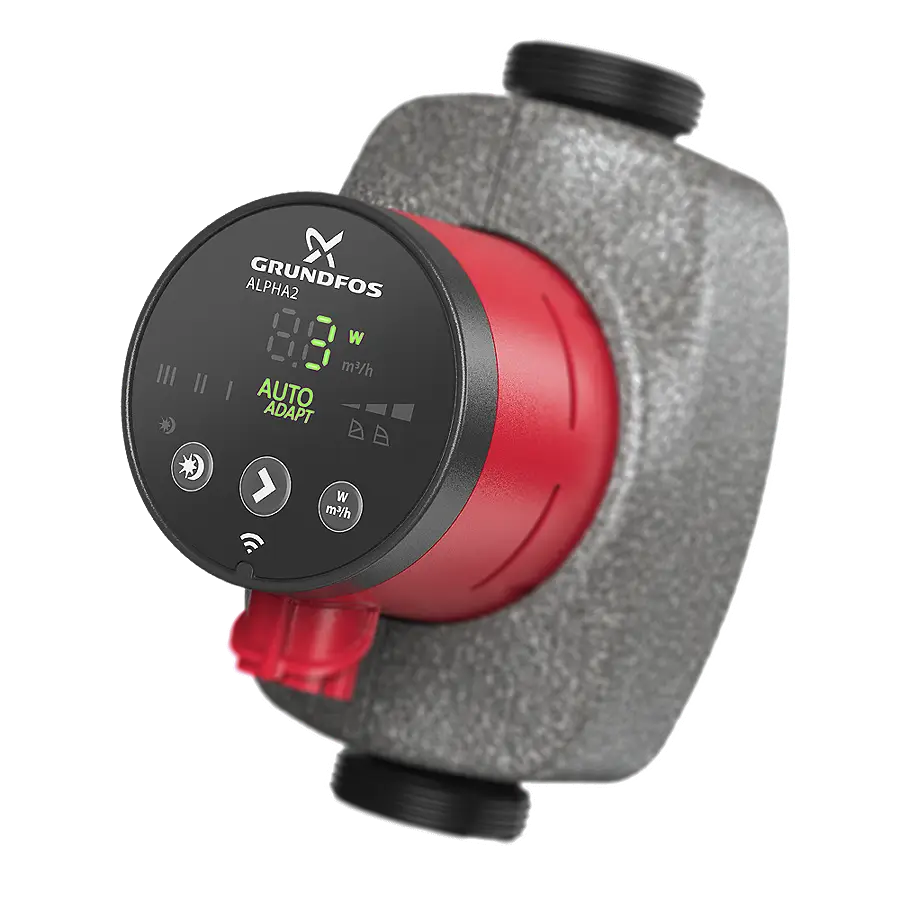 Umwälzpumpe von Grundfos mit digitalem Display, Anzeige von Wattverbrauch, Einstellungen zur Anpassung und einem kompakten, rotem Gehäuse.