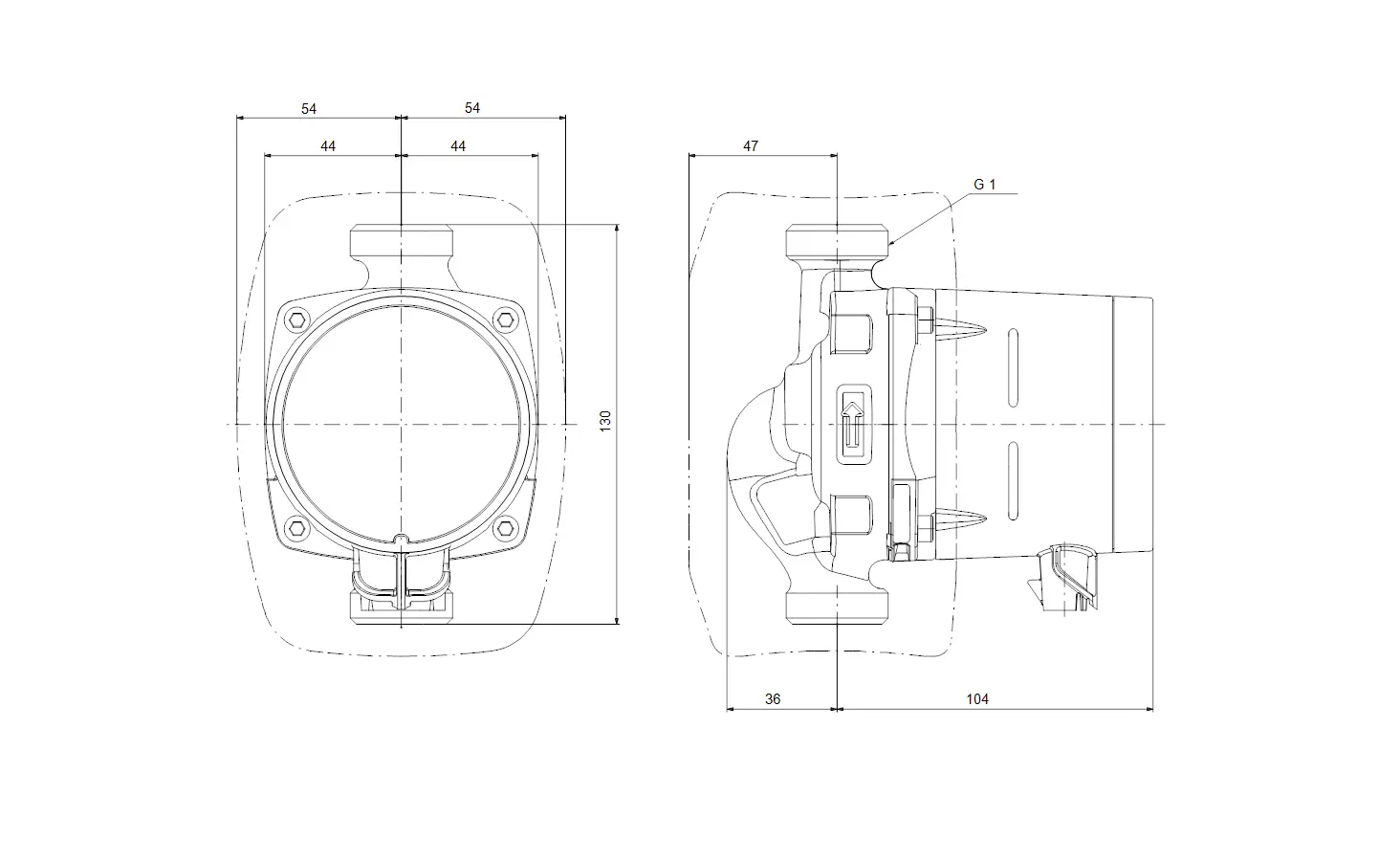 Technische Zeichnung einer Umwälzpumpe von Grundfos mit zweidimensionalen Ansichten. Die Pumpe zeigt Anschlüsse und Maße, jedoch keine spezifischen Maße erkennbar.
